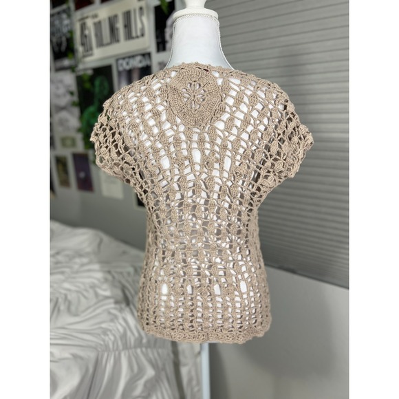 Say What? XS Tan Crochet Knit Open Cardigan Vest Boho Festival Layering Top - Picture 4 of 9